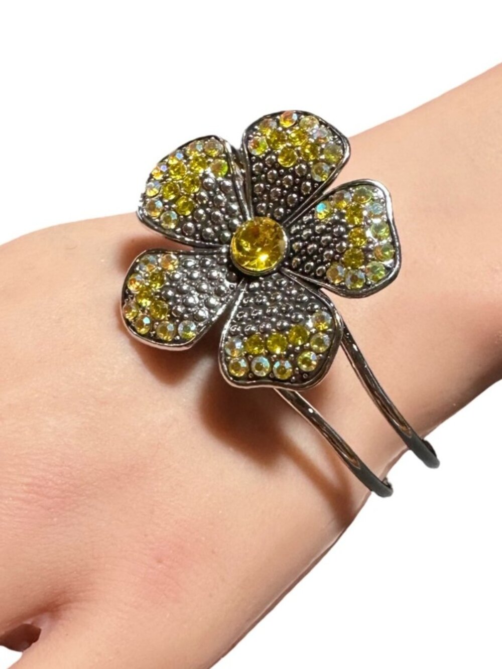 Flower Center Bangle Bracelet Hinged Clamper Silver Tone Yellow Rhinestone NWOT